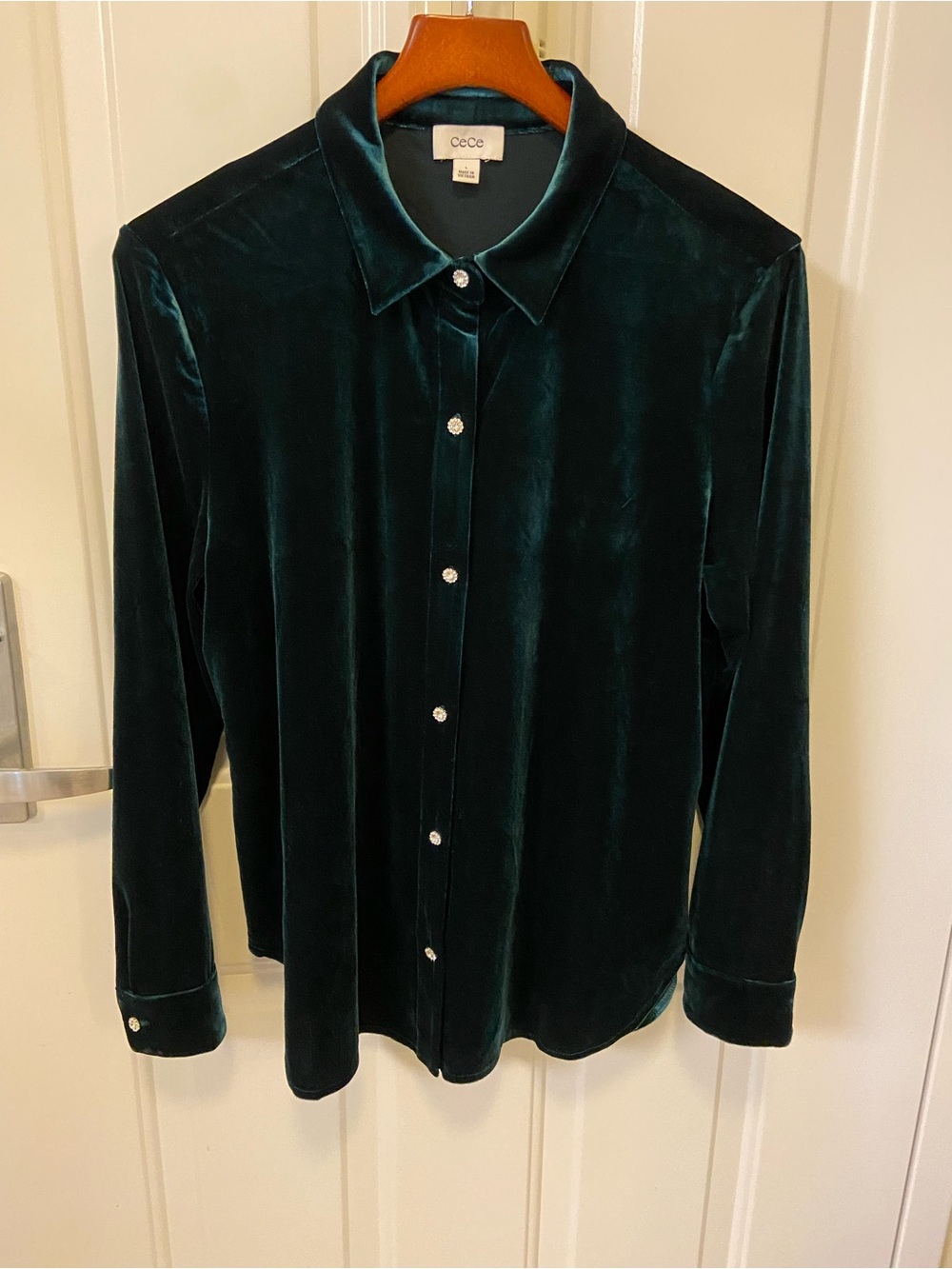 Emerald Green Velvet Blouse with Rhinestone Buttons